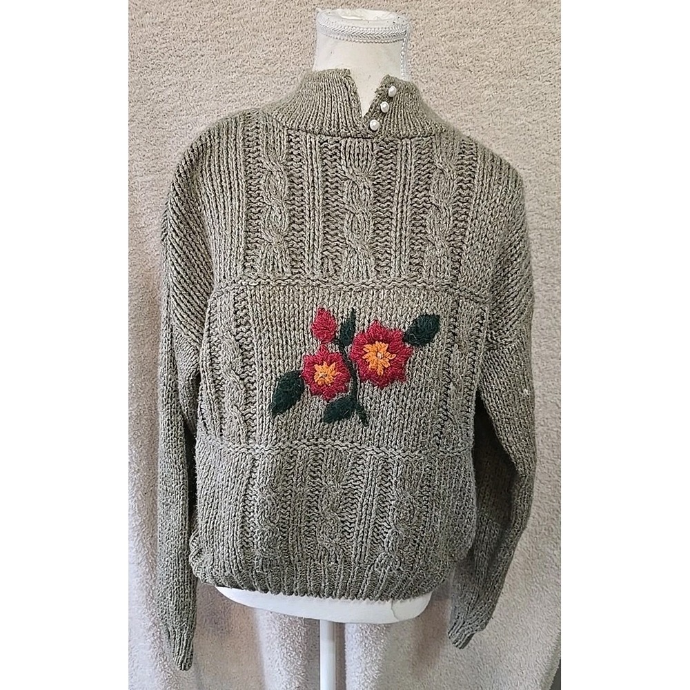 JJ. FARGO Women's Vintage Hand Knit Green Floral Chunky Knit Sweater/Top Size L‎